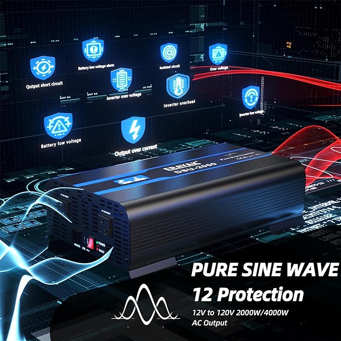 Erayak 2000W Pure Sine Wave Inverter 12V DC to 110V 120V AC Converter for Home, RV, Truck, Off-Grid Solar Power Inverter with 18W USB-C, Fast Charger, LCD Monitor, 6m Remote Controller