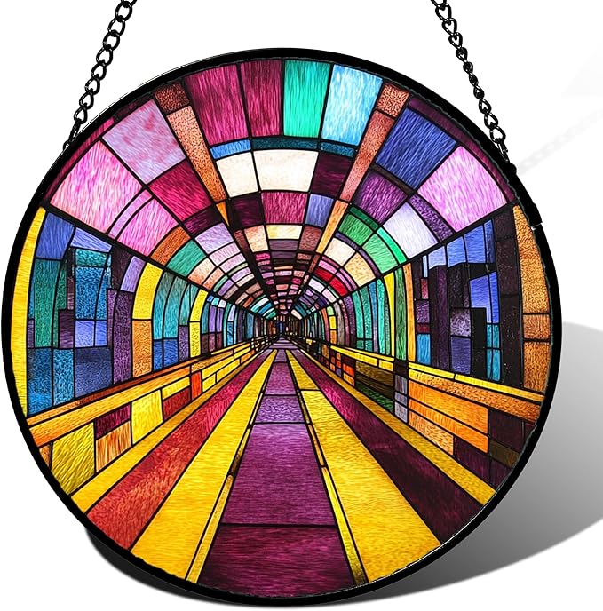 QZQCBLC Stained Glass Window Hanging Abstract Colorful Geometric Tunnel Large 11.8" - Suncatcher Door Garden Sun Catcher Decor Birthday Christmas for Woman Men Nana Friend Mom