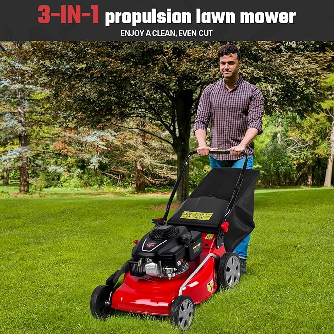 3-in-1 Self-Propelled Lawn Mower, 131cc Gas Engine, Push Mower with 50L Grass Catcher, Adjustable Cutting Height (25-75mm), Rear-Wheel Drive Lawn Mower for Easy Maneuvering (Red)