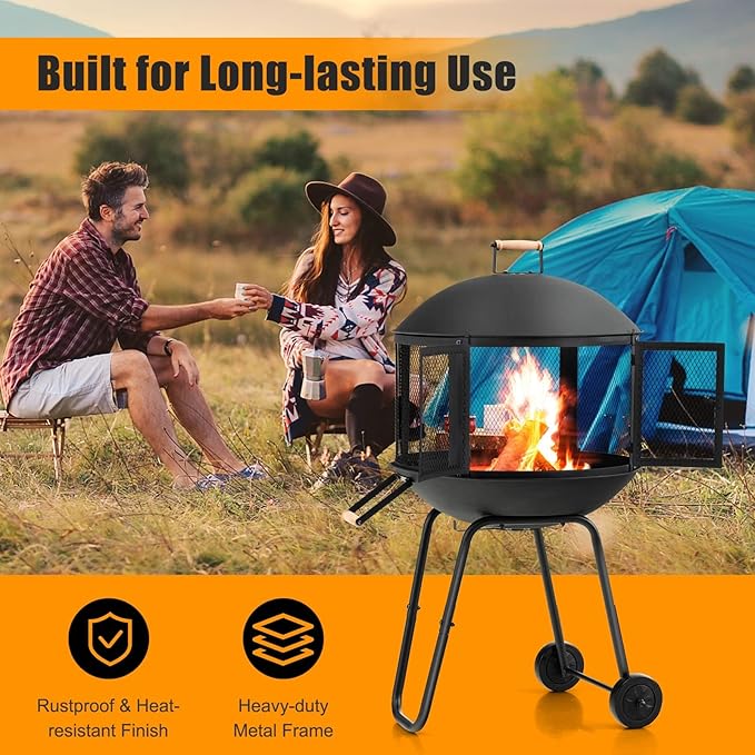 HAPPYGRILL 28” Outdoor Fire Pit, Rolling Patio Wood Burning Firepit with Lockable Doors, Fire Poker, Pine Wood Handle & Wheels, Heavy Duty Fire Pit for BBQ Entertaining Camping