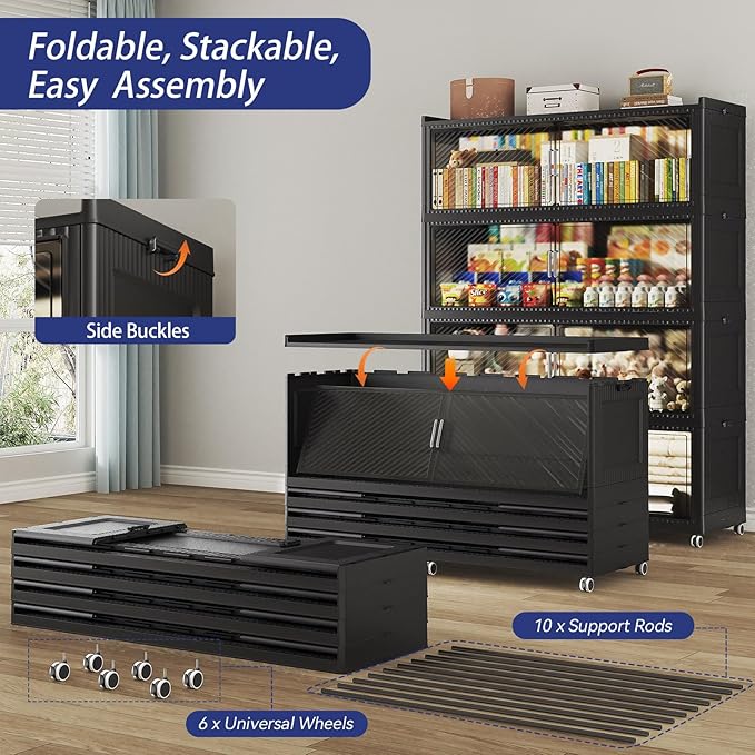 150 Gallon Extra Large Collapsible Storage Bin with Lid, 960QT Stackable Plastic Organizer with 6x Wheels, Foldable Drawer Cabinet for Closet, Living Room Office, Kitchen 3Pack, Black