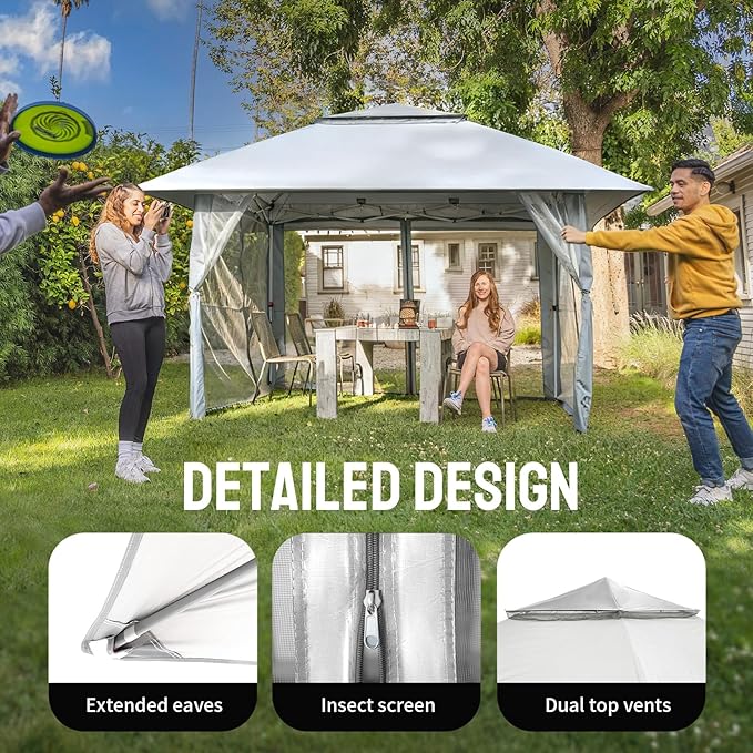 CROWN SHADES 13x13 Pop Up Gazebo, Canopy Tent, Gazebos on Clearance - Outdoor Gazebo for Backyard & Patio Furniture - Carpa Pop Up Tent with Wheeled STO-N-Go Cover Bag (White)