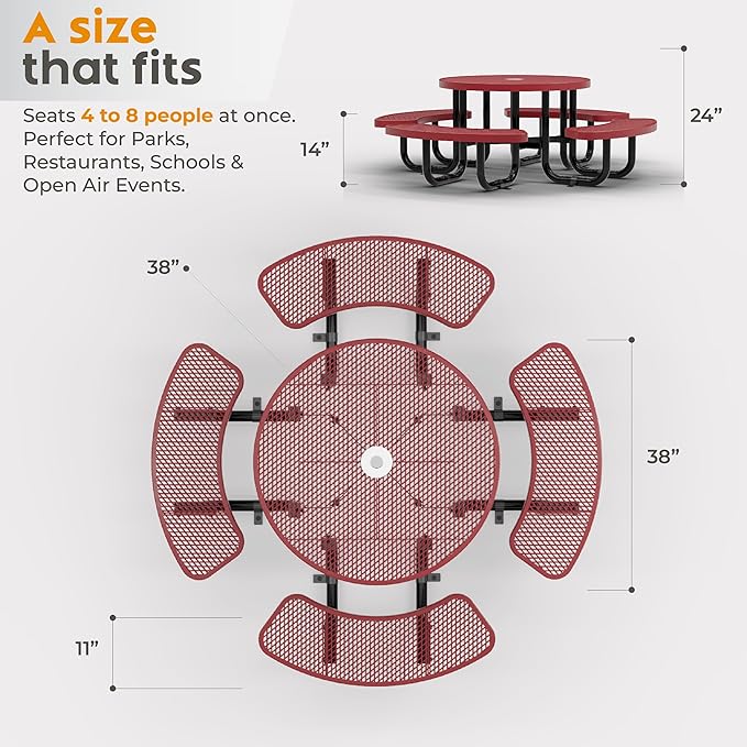 OUTTANS Round Metal Picnic Tables for Kids for Outdoors with Umbrella Hole, Adjustable Seats for School, Park, Playground (Red, 38 in, Kids, Expanded Steel)