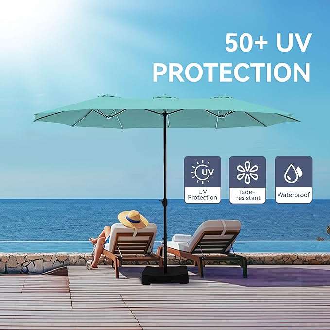 GREEN PARTY 15 ft Rectangle Patio Umbrella with Base Included, Double-Sided Table Umbrella with Crank, Large Outdoor Umbrellas for Patio Poolside Garden Backyard, Turquoise