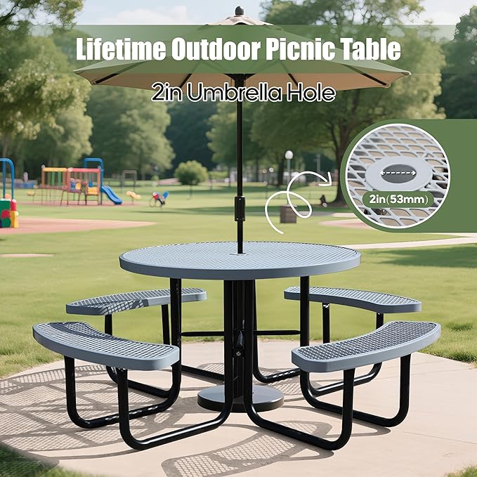 Sunnibety 8-Person Picnic Tables for Outdoors, Industrial 46" Expanded Metal Round Picnic Table with 4 Benches & Umbrella Hole, Outside Table and Bench Set for Park, Garden, Backyard, Patio, Grey