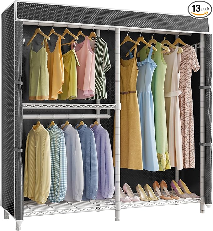 VIPEK V4C Garment Rack with Cover, Heavy Duty Portable Closet Adjustable Metal Clothing Rack for Hanging Clothes with Hanging Rods & Side Hooks, Max Load 810lbs, White Rack with Black Cover