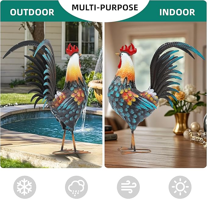 Ultym 32in Metal Rooster Decor, Outdoor Garden Statues, Metal Chicken Sculpture for Backyard Patio Garden Kitchen Décor