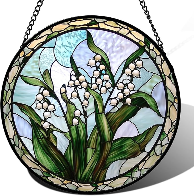 AMDERVEN Stained Glass Window Hanging, White Green Lily of The Walley Flowers Sun Catcher for Door Home Decor Plants Suncatcher Christmas Mother's Day Birthday Gifts for Women Men Mom Nana 9.8 in