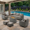 6 Piece Wicker Patio Furniture with Fire Pit Table - Outdoor Conversation Set with 50,000 BTU Fire Pit, All Weather Rattan Patio Set for Deck Backyard Garden - Grey Wicker Grey Cushion