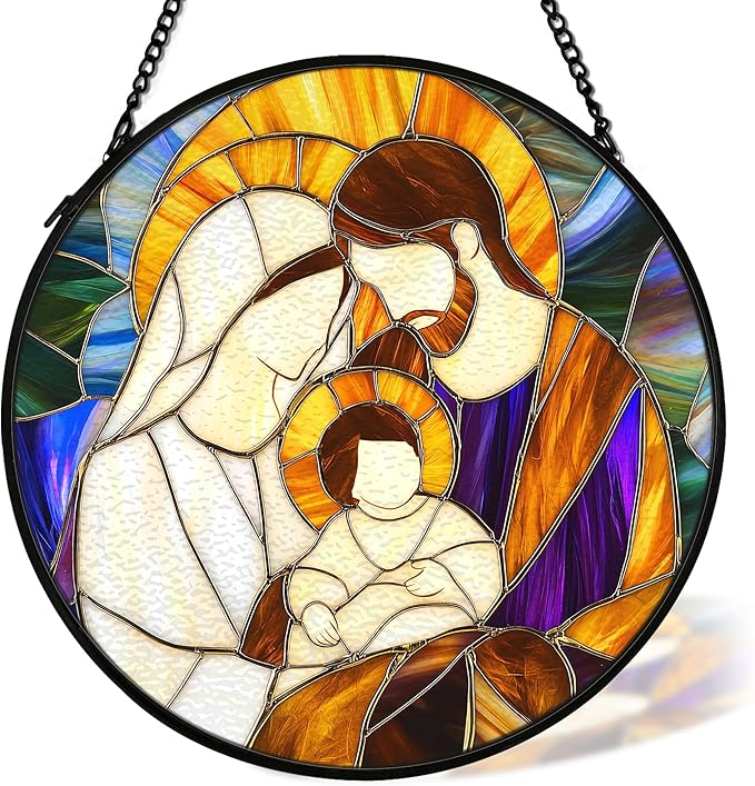 cvjutf Christian Baby Jesus Nativity Suncatcher Stained Glass Window Hanging Decor, Christian Christmas Stained Glass Wall Decor Gifts, Nativity Scene Garden Lawn Sun Catchers Window Art, 7.9x7.9In