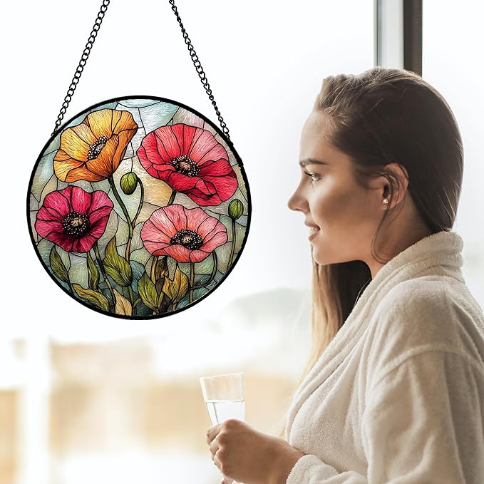 AMDERVEN Stained Glass Window Hanging, Red Orange Poppy Birth Flowers Sun Catcher for Door Garden Yard Decor Wildflowers Suncatcher Christmas Mother Birthday Gifts for Women Men Mom Nana 15 in