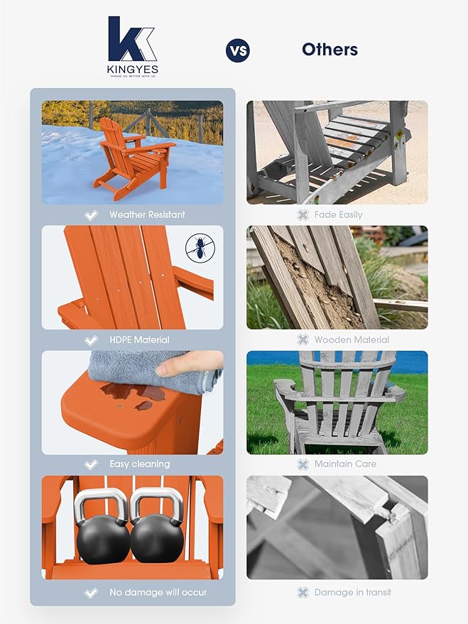 KINGYES Folding Adirondack Chair Set of 4, Dual Cup Holders & All-Weather HDPE, Wood-Like Patio Chair for Backyard, Camping, Pool & Fire Pit, Orange