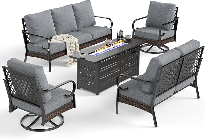 SUNSHINE VALLEY 5 Piece Metal Outdoor Patio Furniture Sets with Firepit Table, Patio Conversation Sets 1 3-Seater Sofa, 1 2-Seater Loveseat, 2 Swivel Chair with 5.75" Cushion for Backyard Deck, Gray