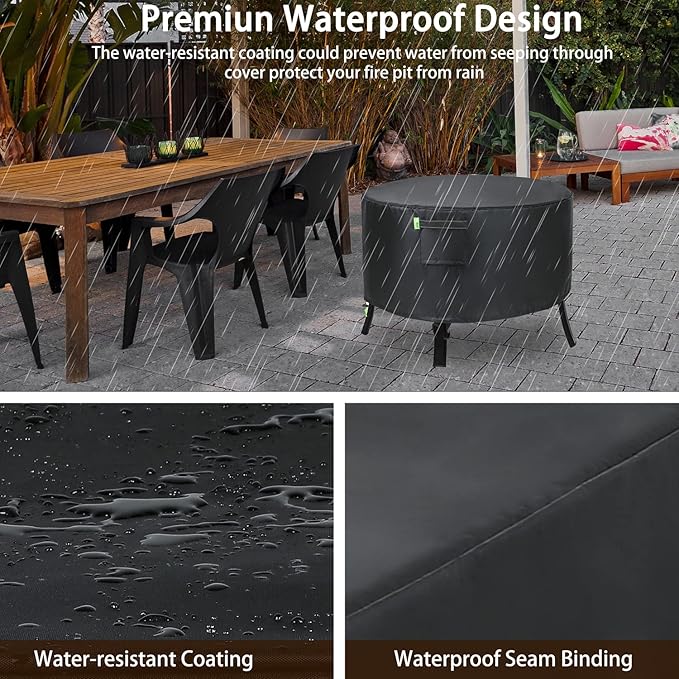 REDRICH Fire Pit Cover Round – Heavy Duty Outdoor Firepit Cover, Full Coverage Patio Outdoor Fireplace Cover, Dustproof Anti UV and Waterproof, 44’’L x 44’’W x 24’’H Black