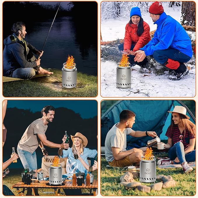 Nice C Fire Pits, 5.5 Inch Smokeless Fire Pits, Portable Fire Pit, Outdoor Fire Pit, Tabletop Fire Pit, Wood Buring Fireplaces, Stainless Steel, with Grill Grate, Removable Ash Tray & Carry Bag
