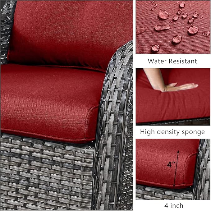 HUMMUH Patio Furniture Set with Fire Pit Table 6-Piece Wicker Outdoor Swivel Rocker Patio Chairs Loveseat Conversation Set for Porch, Backyard, Deck
