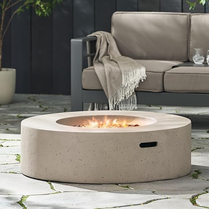 Outdoor Propane Fire Pit Table for Outside Patio, 39 Inch Concrete Fire Pit Table, Round Gas Fire Pit for Garden, Pool, Backyard, 50,000 BTU, Free Lava Rocks, Light Gray