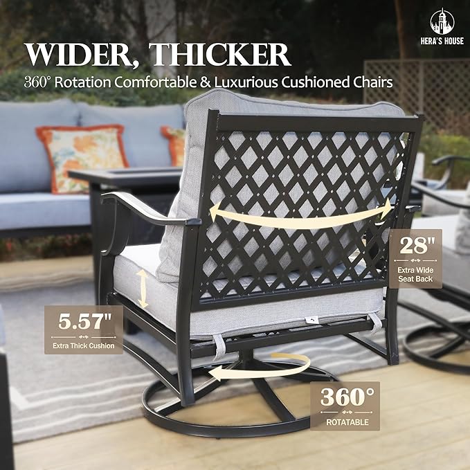HERA'S HOUSE 5 Pieces Fire Pit Patio Furniture Set, 4 x Thick Cushioned Swivel Chairs with 28" Fire Pit Table (50,000 BTU), Outdoor Conversation Set for Garden, Backyard, Lawn, Grey