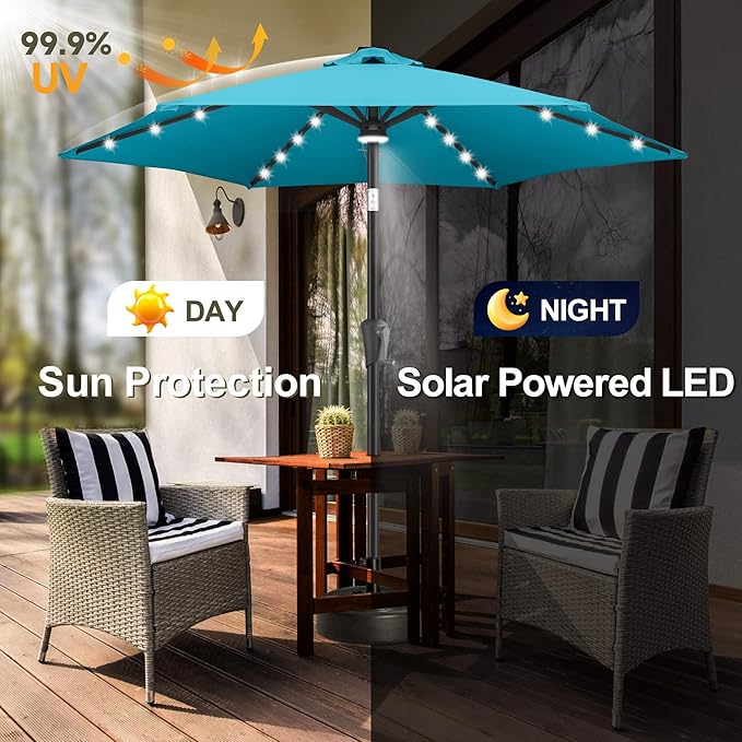 FLAME&SHADE 7.5 ft Solar Powered Outdoor Market Patio Table Umbrella with LED Lights and Tilt, Aqua Blue