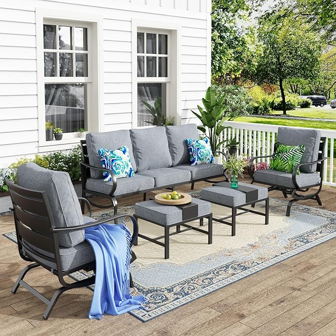 MFSTUDIO 5 Pieces Patio Conversation Sets, Outdoor Metal Furniture Sofas with 1 x 3-Seat Sofa, 2 x Rocking Chairs, 2 x Ottoman, Durable Steel Frame with Grey Cushion for Patio Balcony