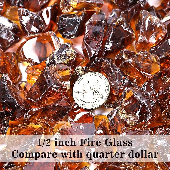 GRISUN Amber Fire Glass for Fire Pit - 1/2 Inch Tempered Glass Rocks for Natural or Propane Fireplace, Safe for Outdoors and Indoors Firepit Glass, 10 Pounds