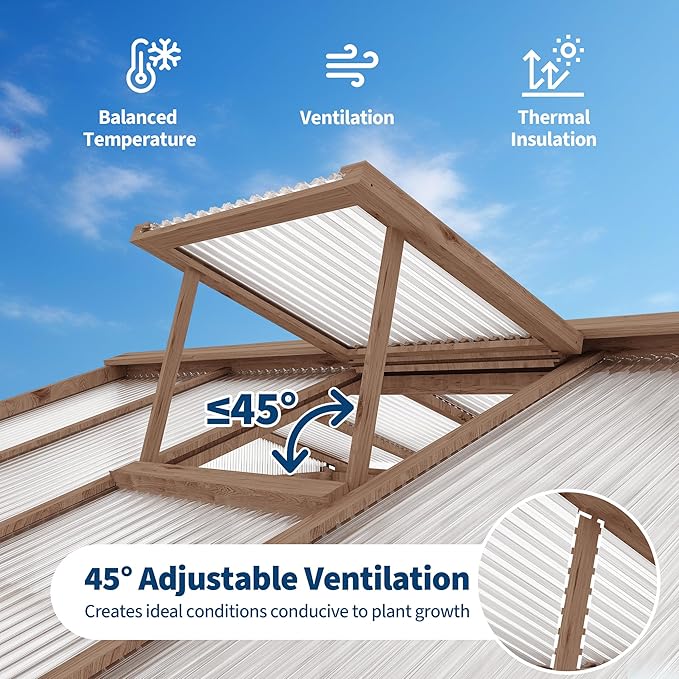6x8FT Wooden Greenhouse with Cedar Frame, Outdoor Wood Greenhouses with Roof Vent, Wood and Polycarbonate Walk-in Greenhouse