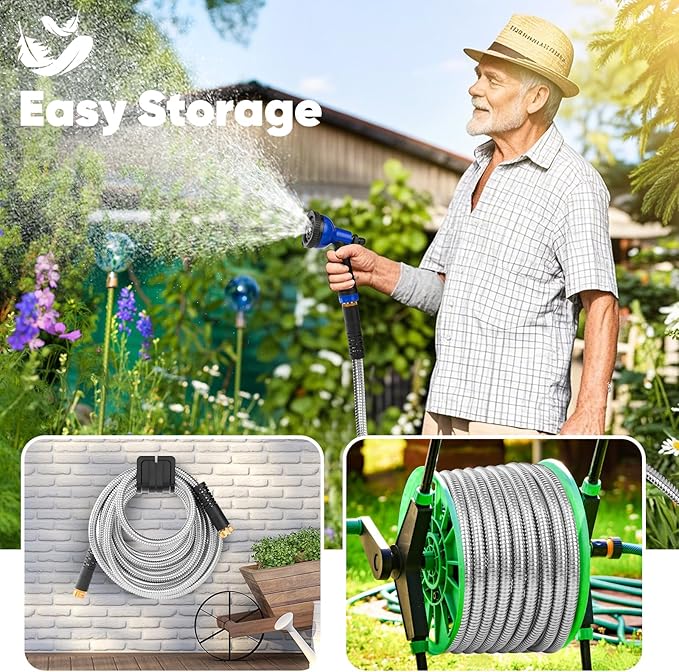 Garden Hose 25ft, Stainless Steel Metal Water Hose with 10 Function Nozzle, Lightweight Hose, No Kink, Leak-proof, Puncture Resistant for Yard, Outdoor, RV