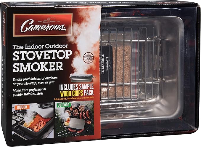 Camerons Indoor Outdoor Stovetop Smoker - Stainless Steel Barbecue Smoker Box w/Oak Wood Chips & Recipes - Works On Any Heat Source, Stovetop or BBQ Grill for Smoking Meats - Grilling Gift for Men