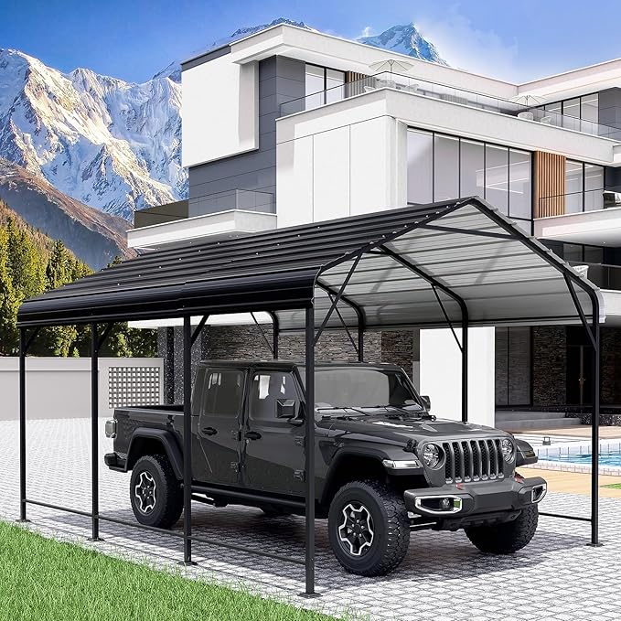 LEVELEVE 10x15 FT Heavy-Duty Metal Carport, Galvanized Steel Car Canopy with Reinforced Base Frame, Outdoor Shelter for Cars, Trucks, Boats, Tractors & RV