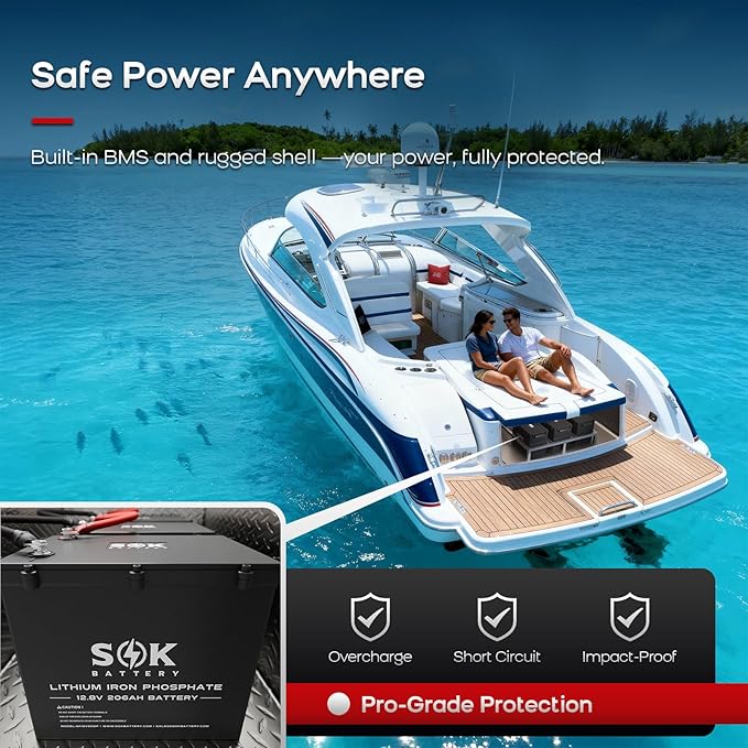SOK Battery 12V 206Ah LiFePO4 Lithium Battery with Bluetooth, Marine Grade IP65, 8000+ Deep Cycles with Low-Temp Protection for RVs, Marine, Home Energy Storage and Off-grid Solar Wind Systems