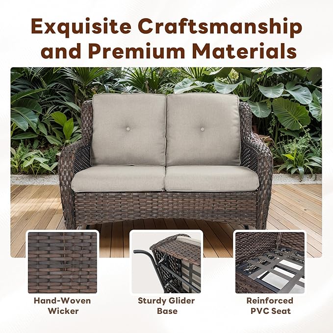 Belord 8 Piece Outdoor Patio Furniture Set - 41" CSA Propane Fire Pit Table Patio Conversation Set with Swivel Rocker Outdoor Chairs, Wicker loveseat and Ottoman for Outside Casual Gathering
