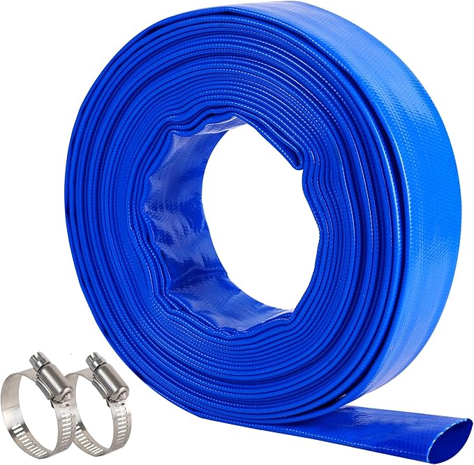 2" x 25 FT Pool Backwash Hose Blue Heavy Duty Reinforced PVC Lay Flat Water Discharge Hose for Swimming Pool Filter Pump,with 2 Clamp