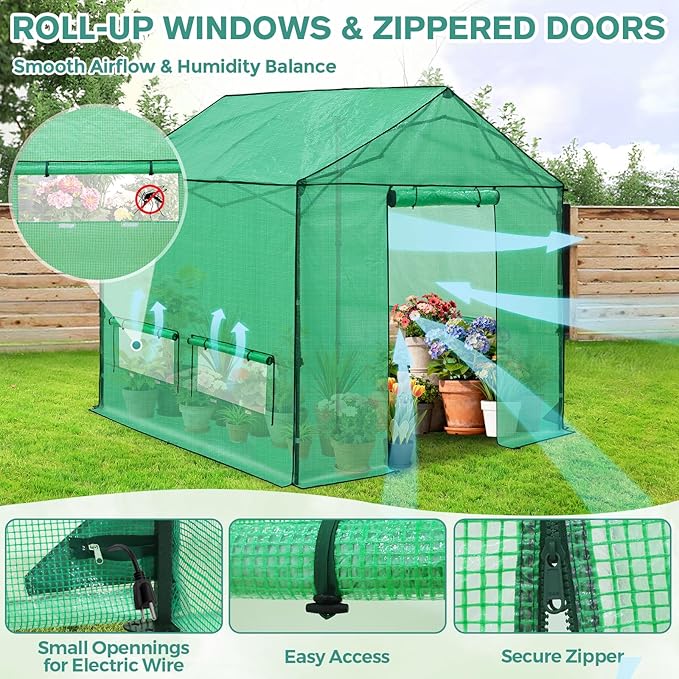 COOS BAY 10x10 FT Pop up Greenhouse Outdoor with Winter Support Pole, Walk in Green House with Power Access Openings, Zippered Doors & Windows, Durable PE Cover, Green