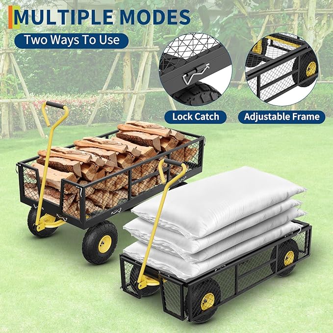 900 LBS Garden Cart with Removable Mesh Sides, Heavy Duty Steel Garden Wagon with Adjustable Handles & 10" Pneumatic Tires, Utility Wagon for Lawn Camping Farm Yard, Black+Yellow