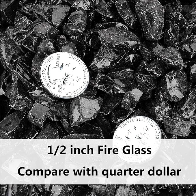 GRISUN Onyx Black Fire Glass for Fire Pit, 20 Pounds 1/2 Inch Tempered Glass Rocks for Natural or Propane Fireplace, Safe for Outdoors and Indoors Firepit Glass