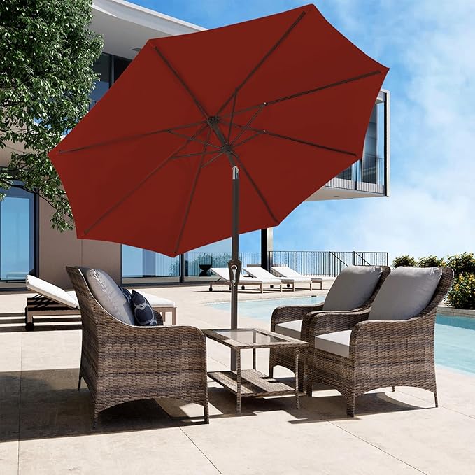 JEAREY 9FT Outdoor Patio Umbrella Outdoor Table Umbrella with Push Button Tilt and Crank, Market Umbrella 8 Sturdy Ribs UV Protection Waterproof for Garden, Deck, Backyard, Pool (Cherry Red)