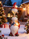 twinbling 17 in Large Garden Gnome Statue with Solar Lights Sculptures Funny Triple Big Gnome Outdoor Patio Lawn Yard Balcony Garden Home Decor Gifts for Women Mom