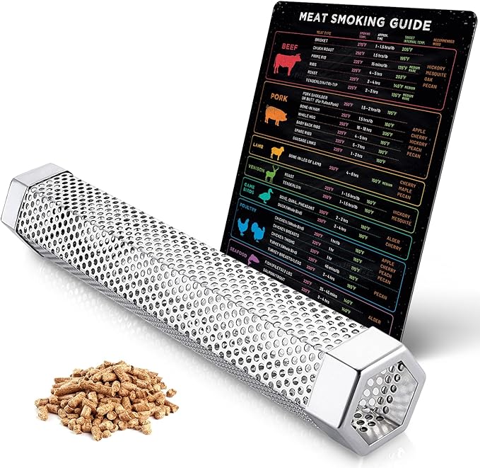 BBQ Meat Temperature Magnet & Pellet Smoker Tube Bundle – Durable Meat Smoking Guide & Stainless Steel Pellet Smoker Tube for Gas, Charcoal, & Electric Grills – Essential BBQ & Grilling Accessories