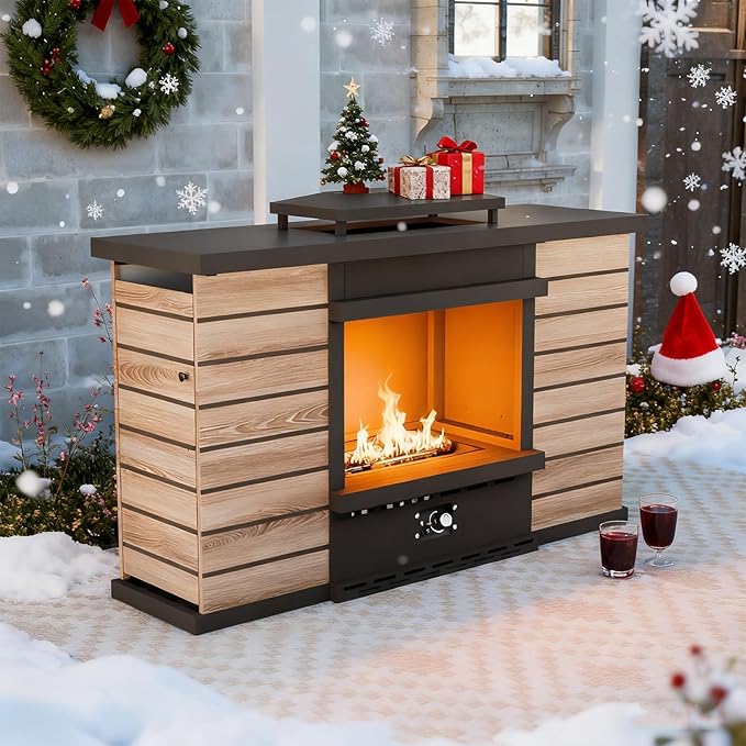 EAGLE PEAK Outdoor Propane Fireplace 50,000 BTU Ventless Gas Fireplace with Hidden Storage & Adjustable Flame, Patio Heater for Decks Backyards, Gray/Tan