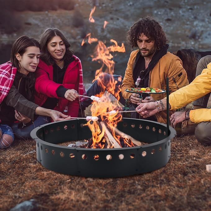 48 Inch Smokeless Fire Pit Ring with Grill Fire Ring for Outside Heavy Duty Metal Firepit Insert Round Steel Large Above/In-Ground Camping Firepit for Outdoor Camping Patio Picnic BBQ Garden