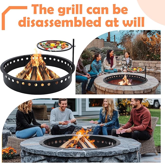 48 Inch Smokeless Fire Pit Ring with Grill Fire Ring for Outside Heavy Duty Metal Firepit Insert Round Steel Large Above/In-Ground Camping Firepit for Outdoor Camping Patio Picnic BBQ Garden