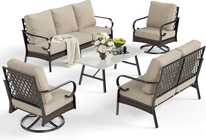 SUNSHINE VALLEY 5 Piece Metal Outdoor Patio Furniture Set, Patio Conversation Sets 3-Seater Sofa, 2-Seater Sofa, 2 Swivel Chair with 5.75" Thick Cushion & Coffee Table Black Backyard Furniture, Beige