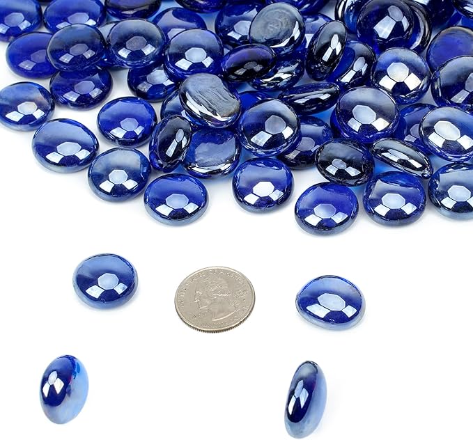 onlyfire Flat Fire Glass Beads for Propane Fire Pit, 1/2 Inch Reflective Firepit Glass Rocks 10 Pounds Flat Marbles for Gas Fireplace and Fire Pit Table, High Luster Royal Cobalt Blue