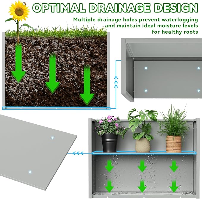 Metal Planter, 38L x 10W x 30H, Heavy Duty Tall Planters for Outdoor Plants, Planters with Removable Insert Shelf, Large Planters with Drainage Holes for Porch, Patio and Yard, Grey