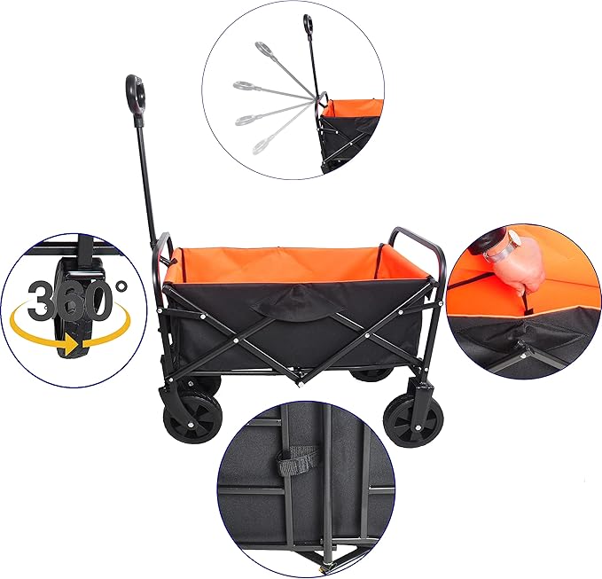 Collapsible Folding Wagon Garden Shopping Beach Cart,Heavy Duty Utility Buggy with Big Wheels,Adjustable Handle and Cup Holder,for Sand,Camping,Outdoor,30.31",Yellow+Black