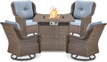 Outdoor Patio Swivel Gliders with Fire Pit Table 5 Piece Set - High Back Brown Wicker Rattan Rocking Chair with Thick Cushion for Porch Apartment Deck Yard Poolside Garden - Baby Blue