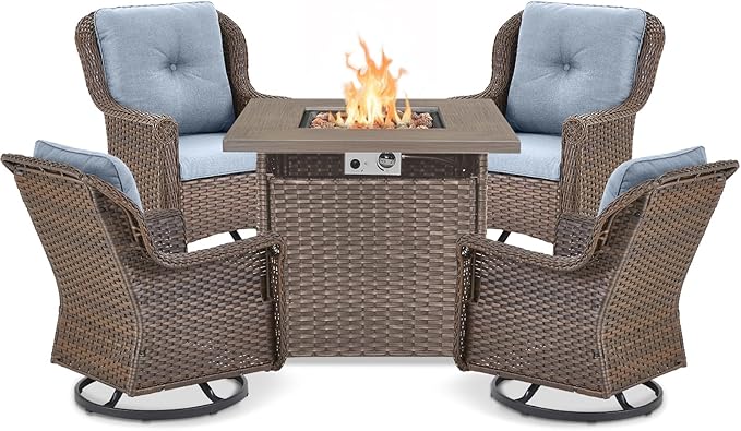 Outdoor Patio Swivel Gliders with Fire Pit Table 5 Piece Set - High Back Brown Wicker Rattan Rocking Chair with Thick Cushion for Porch Apartment Deck Yard Poolside Garden - Baby Blue