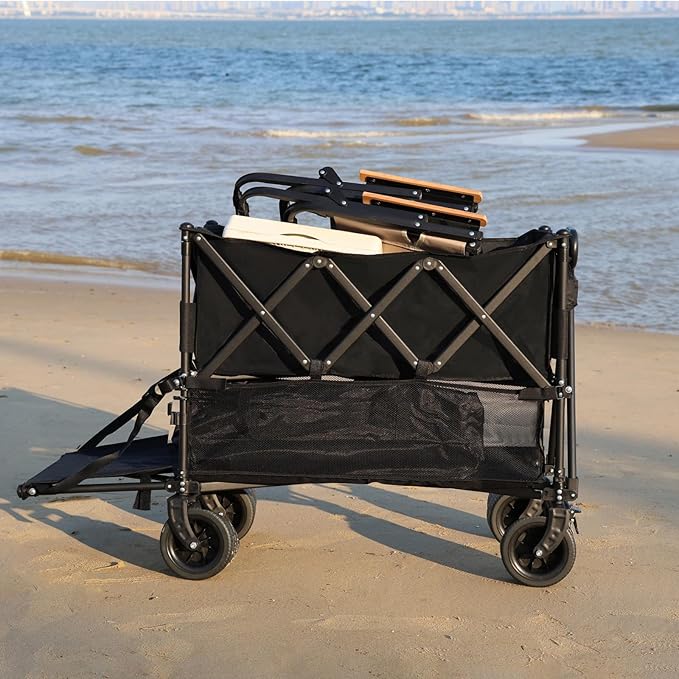 400L Large Capacity Double Decker Folding Wagon, Foldable 450lbs Heavy Duty Beach Cart with All-Terrain Big Wheels,Utility Carts Foldable for Beach, Sports,Outdoor,Shoping