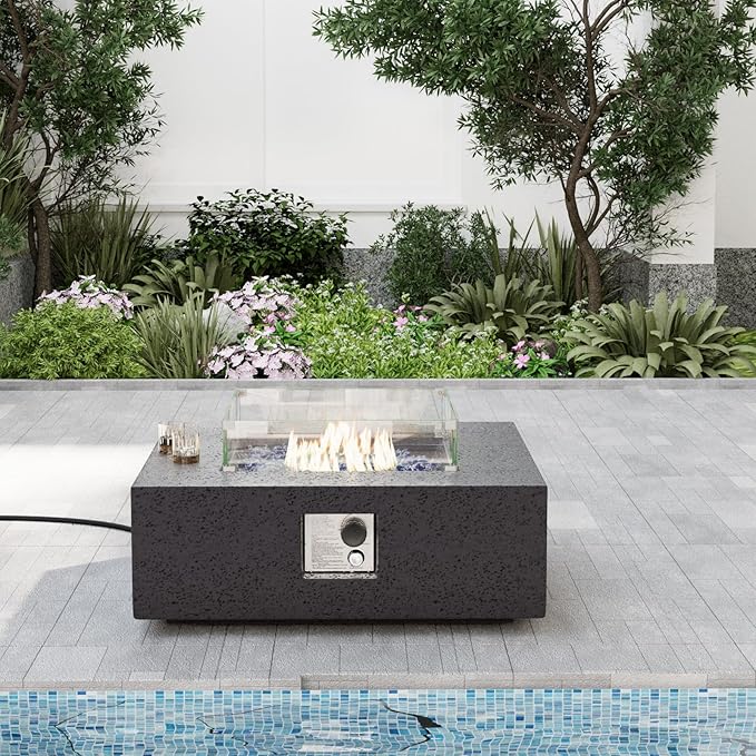 SUNBURY Outdoor Travertine Fire Pit Table, Burning Fire Pit, 35 inch Square Patio Fire Table 50,000 BTU FirePit for Outside with Waterproof Cover and Glass Stones, Light Gray