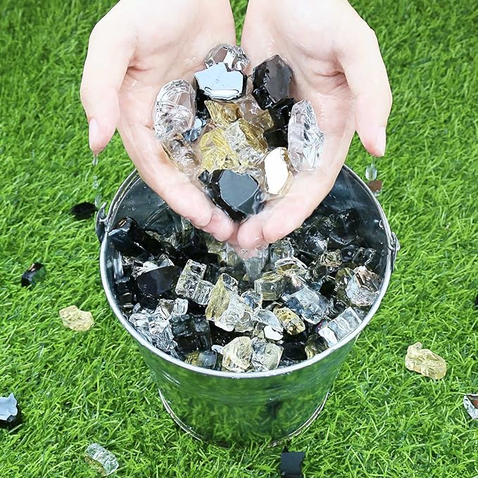 Grisun Fire Glass for Fire Pit, 1/2 Inch 10 Pounds High Luster Reflective Tempered Glass Rocks for Natural or Propane Fireplace, Safe for Outdoors or Indoors Firepit